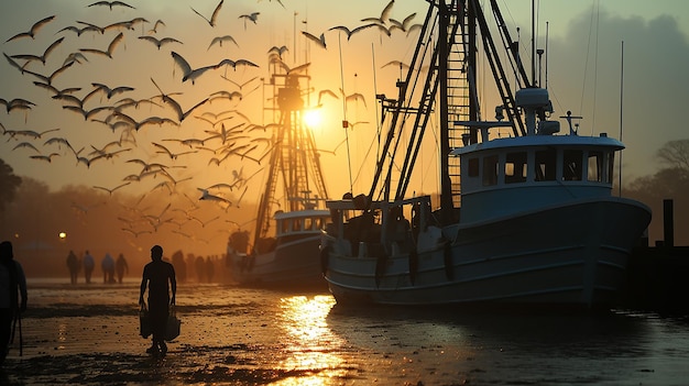 un matin brumeux sur un quai avec des silhouettes de pêcheurs générées par Ai