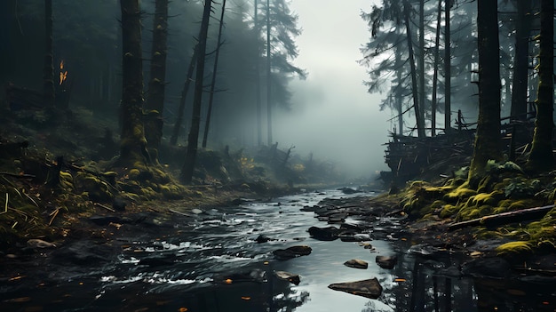 un matin brumeux avec la rivière