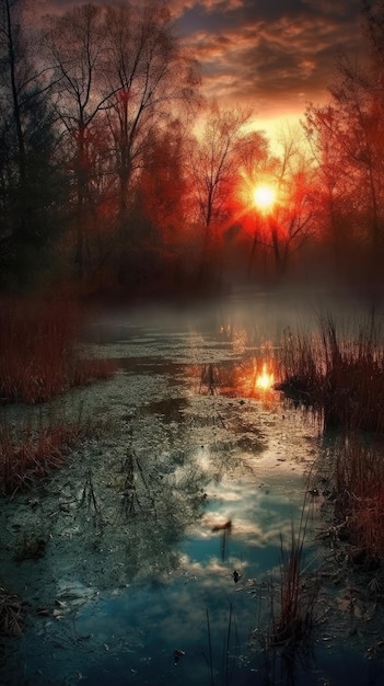 Un matin brumeux avec le soleil qui brille sur l'eau.