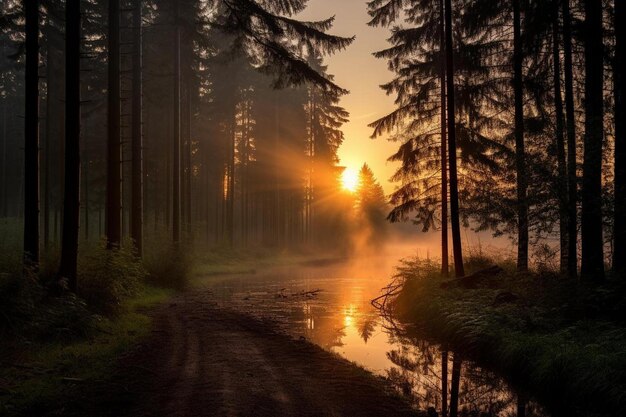 Photo un matin brumeux avec un soleil qui brille à travers les arbres