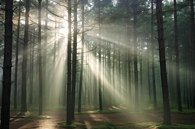 Le matin dans la forêt de pins Les rayons du soleil à travers les troncs des arbres