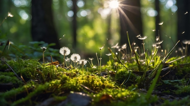 Le matin dans la forêt verte avec des rayons de soleil et de lumière