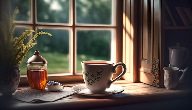 Matin ensoleillé dans la campagne anglaise tasse de thé par la fenêtre dans la maison de campagne Generative Ai