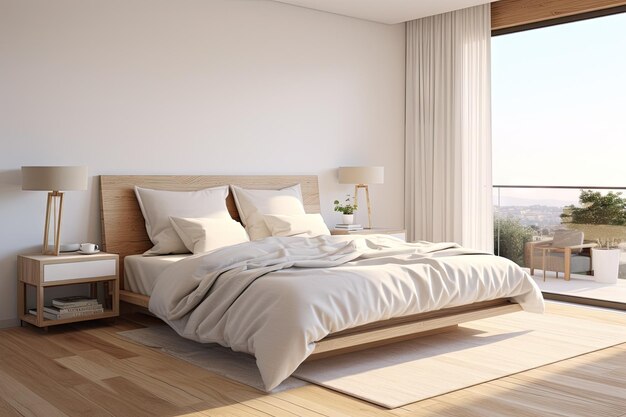 Un matin ensoleillé dans une chambre à coucher avec une grande fenêtre un lit blanc américain art nouveau une couverture légère