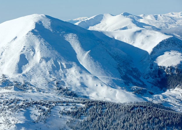 Matin ensoleillé hiver paysage de montagne avec des nuages bas sur la crête des Carpates