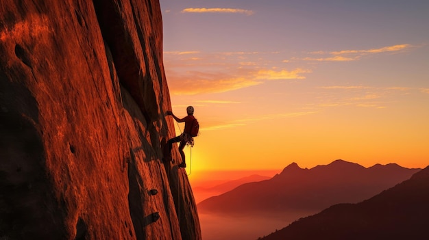 Le matin, l'escaladeur sur une toile de fond sereine, des vêtements colorés ajoutent du dynamisme à la scène d'escalade.