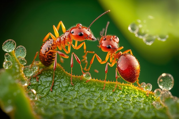 Matin d'été macro de deux fourmis rouges sur une fleur verte avec des gouttes de rosée