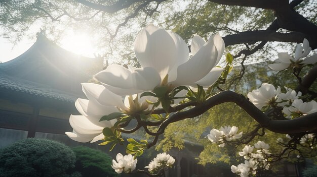 Matin d'été Magnolia Magnolia blanc en fleurs