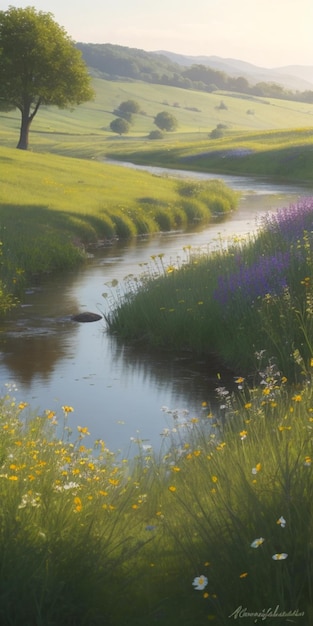 Photo un matin d'été serein à la campagne avec des collines vallonnées de fleurs sauvages en fleurs et un ruisseau paisible qui les traverse