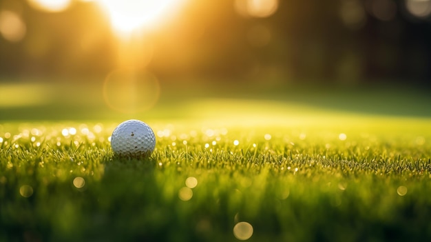 Le matin, le golf, la joie, l'herbe couverte de rosée, la balle de golf et le lever du soleil.