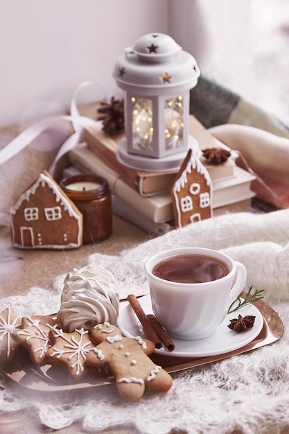 Matin d'hiver au jour de neige Rebord de fenêtre esthétique Maison chaleureuse et confortable avec des livres tasse de biscuits au pain d'épice au cacao guimauve