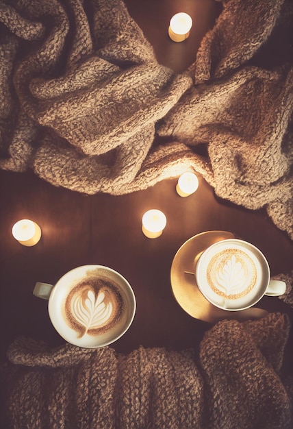 Matin d'hiver ou d'automne confortable à la maison L'hygge suédois comprend du café chaud avec une cuillère en métal doré