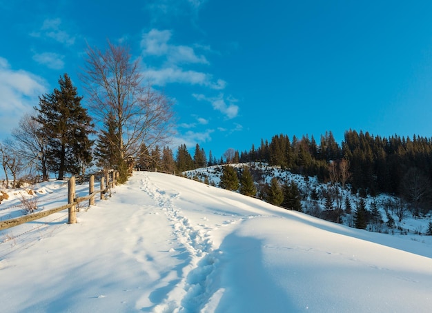 Matin d'hiver montagne chemin couvert de neige en milieu rural