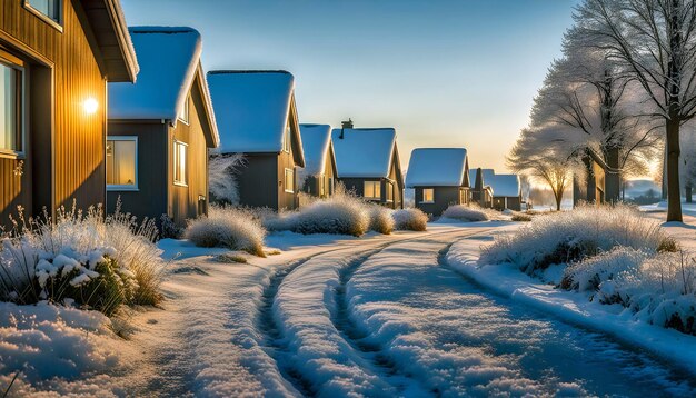 Le matin d'hiver rue avec des maisons de style hitech le sol est couvert de neige et de gel paisible