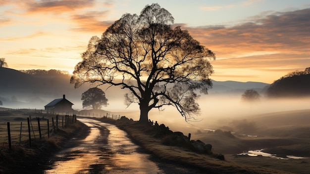 un matin d'hiver tranquille où la beauté de la nature est voilée dans une douce brume et un brouillard éthéré L'étreinte douce du brouillard ajoute une qualité enchanteuse et sereine au paysage