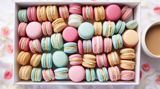 Le matin, des macarons colorés sur un plateau blanc