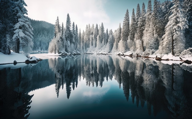 Matin de neige au lac montagne d'hiver Beau fond Generative AI