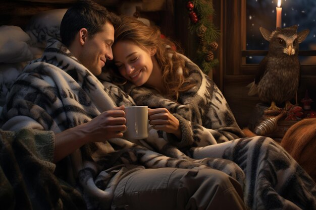 un matin de Noël confortable câliné dans des couvertures sirotant du cidre chaud et partageant des histoires