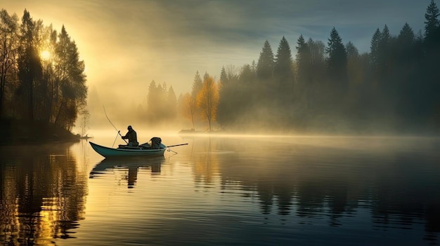 Matin paisible au bord d'un lac brumeux où la silhouette du pêcheur est encadrée par la brume alors qu'il s'adonne à l'art de la pêche. Généré par l'IA