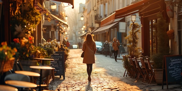 Un matin à Paris avec un bistro français classique et une dame qui se promène dans la rue