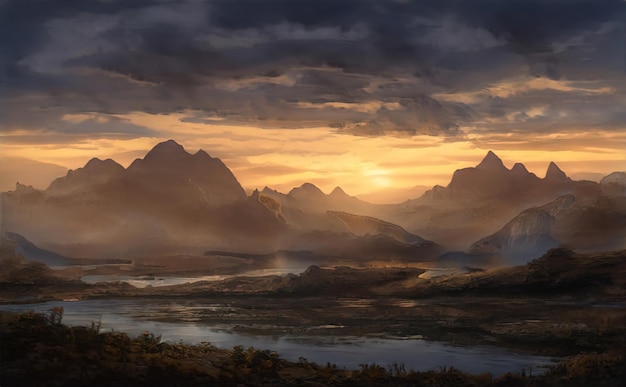 Matin paysage ensoleillé lever du soleil dans les montagnes Le ciel de l'aube jaune le soleil illumine les nuages et les sommets des chaînes de montagnes Paysage fantastique magique Illustration