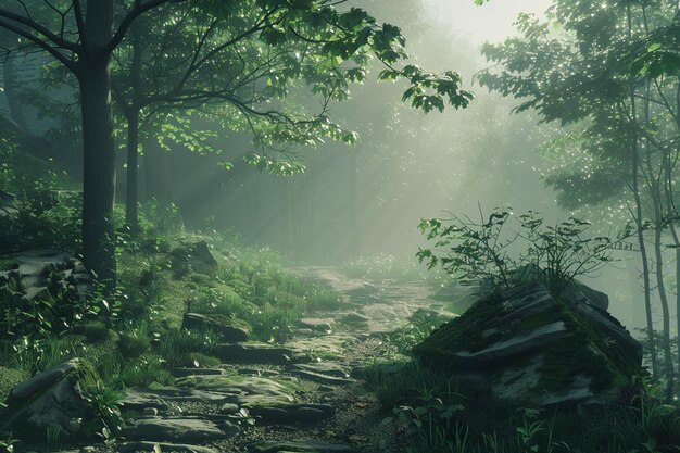 Photo une matinée tranquille à travers les forêts brumeuses