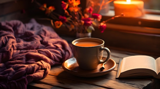 Matins d'automne lisant un livre avec du café et de l'air frais