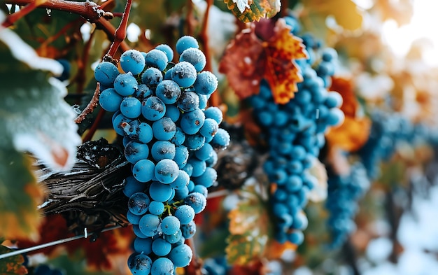 Les matins d'hiver dans les champs et les vignobles avec le soleil se levant de ses cendres