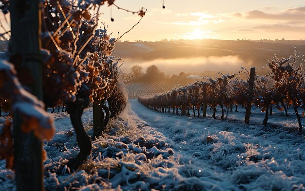 Photo les matins d'hiver dans les champs et les vignobles avec le soleil se levant de ses cendres