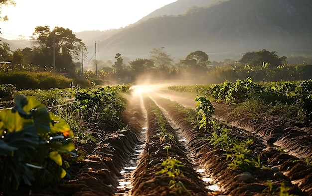 Les matins d'hiver dans les champs et les vignobles avec le soleil se levant de ses cendres