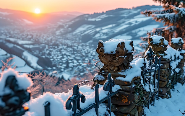 Les matins d'hiver dans les champs et les vignobles avec le soleil se levant de ses cendres