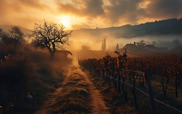 Les matins d'hiver dans les champs et les vignobles avec le soleil se levant de ses cendres