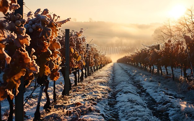 Les matins d'hiver dans les champs et les vignobles avec le soleil se levant de ses cendres