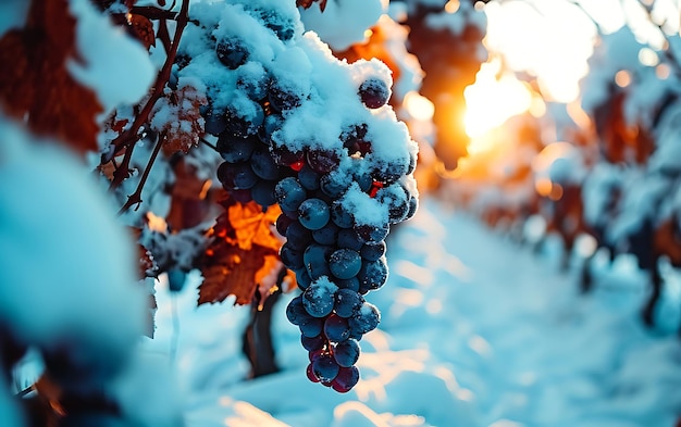 Photo les matins d'hiver dans les champs et les vignobles avec le soleil se levant de ses cendres