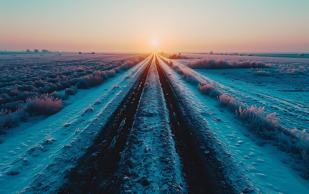 Les matins d'hiver dans les champs et les vignobles avec le soleil se levant de ses cendres
