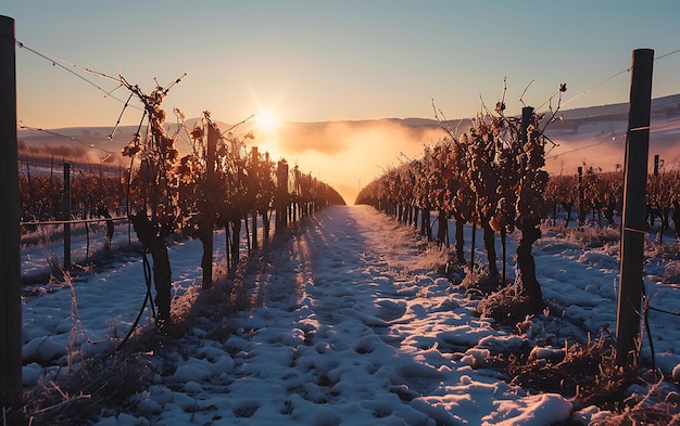 Les matins d'hiver dans les champs et les vignobles avec le soleil se levant de ses cendres