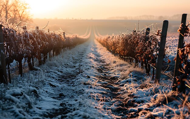 Les matins d'hiver dans les champs et les vignobles avec le soleil se levant de ses cendres
