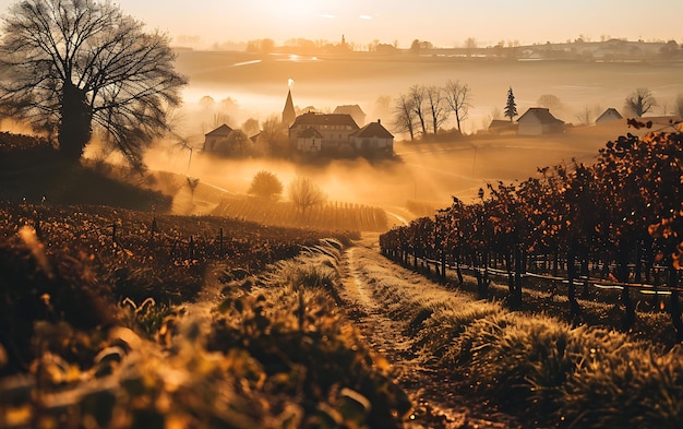 Photo les matins d'hiver dans les champs et les vignobles avec le soleil se levant de ses cendres