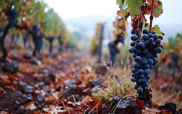 Les matins d'hiver dans les champs et les vignobles avec le soleil se levant de ses cendres