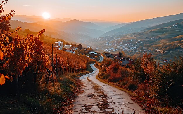 Photo les matins d'hiver dans les champs et les vignobles avec le soleil se levant de ses cendres