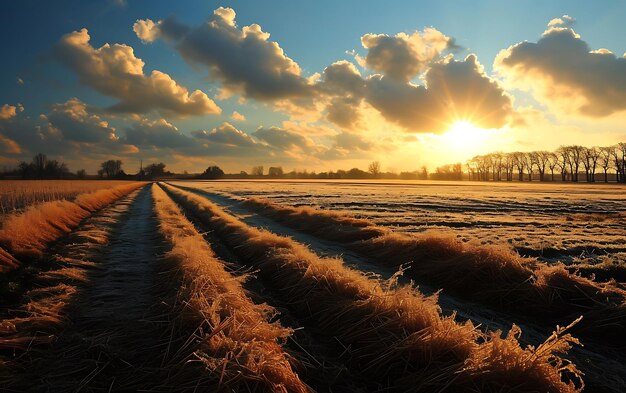 Les matins d'hiver dans les champs et les vignobles avec le soleil se levant de ses cendres