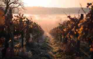 Photo les matins d'hiver dans les champs et les vignobles avec le soleil se levant de ses cendres