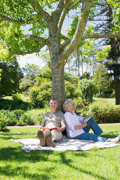 Mature couple assis contre un arbre au parc