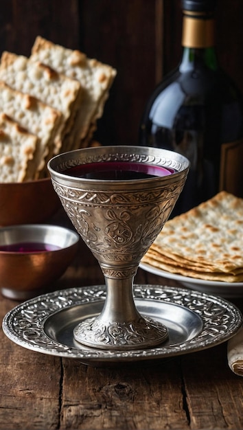 Matzah en gros plan et coupe de vin de Pâque sur la table en bois fête juive Pâque