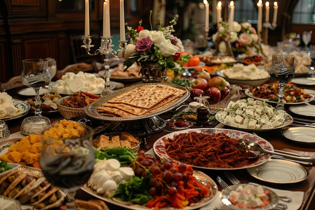 Matzah Mansion Meal un somptueux festin de Pâques où la table est ornée d'aliments traditionnels Matzah occupe le centre de la scène entouré de plats tels que le charoset maror et le poisson gefilte