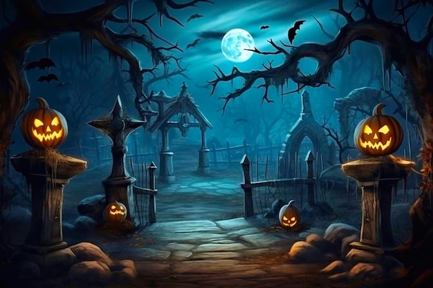 Les mauvaises citrouilles d'Halloween avec un sourire dans le cimetière et le ciel nocturne avec la lune AI générative