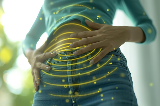 Maux d'estomac VFX Douleur Animation de réalité augmentée Massage de l'estomac pour soulager la douleur Expérience féminine.