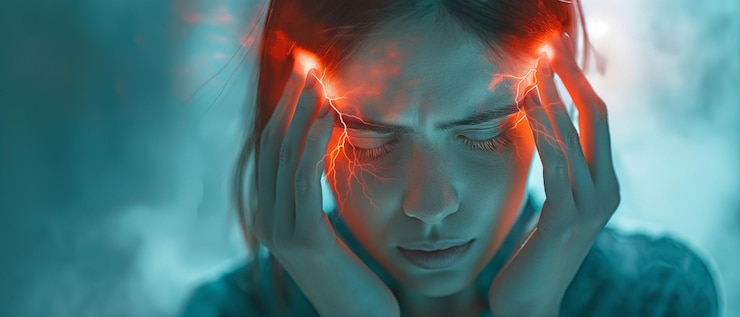 Photo maux de tête migraineux qui provoquent des douleurs atroces au cerveau et sont ressentis sous forme de maux de tête palpitants ou de flashs visuels dans les yeux