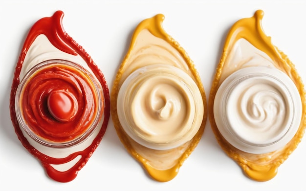 Photo mayonnaise moutarde ketchup isolé mayo tourbillon moutarde condiment sauce tomate sur fond blanc