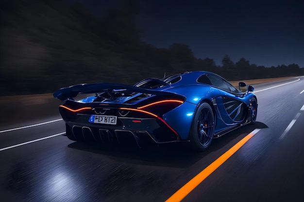 Une McLaren P1 de couleur bleu foncé accélérant sur une autoroute la nuit, générative par Ai